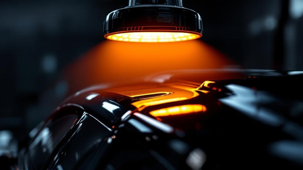 Aushärtung: UV/IR-Lampe trocknet den frischen Klarlack unter warmem orangefarbenem Licht