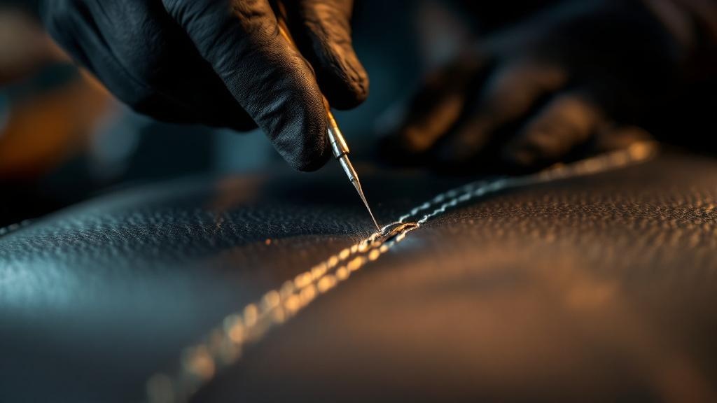 Saddle-Stitch-Reparatur an einem Premium-Lederbezug mit Nadel und gewachstem Faden
