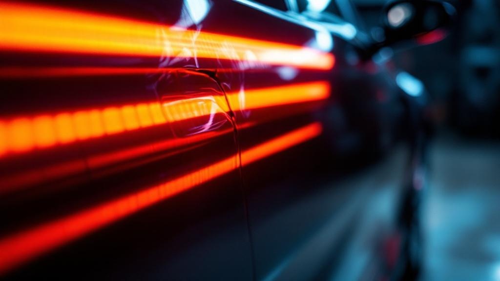 Reflexionsleiste vor der Karosserie macht jede Delle als Lichtverzerrung sichtbar