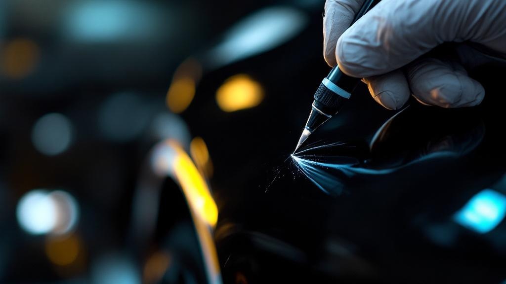 Macro-Detailaufnahme einer Spot-Repair-Reparatur — die ausgebesserte Stelle ist unter Werkstattlicht nicht mehr auszumachen